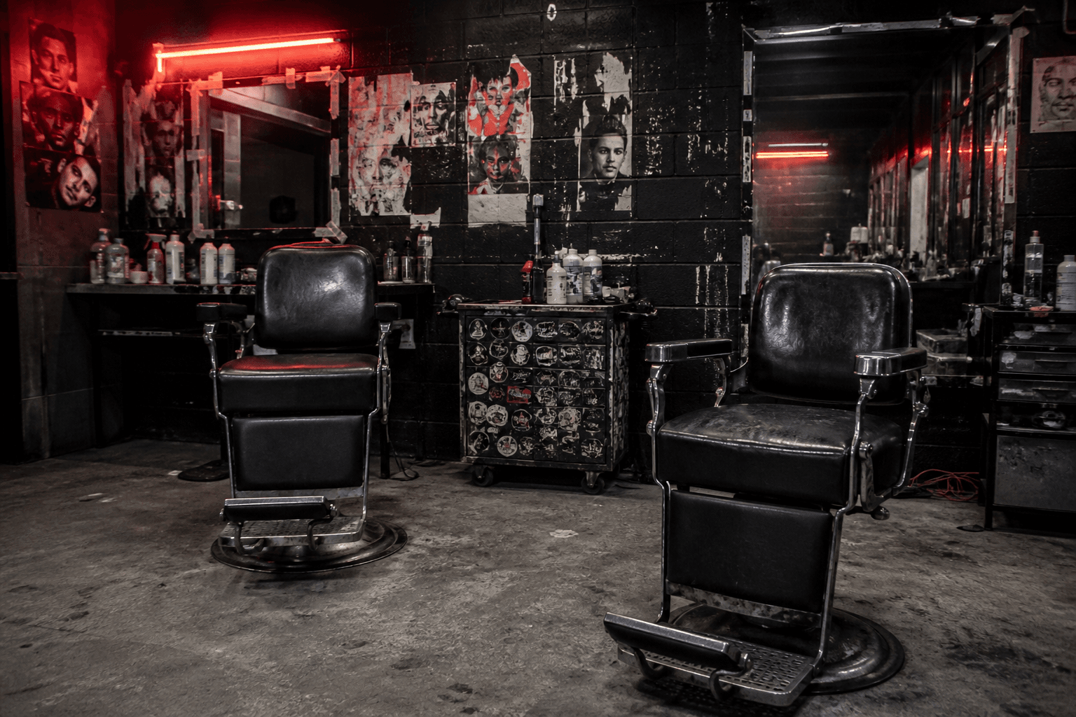 Grimy shop interior with stickered mirrors